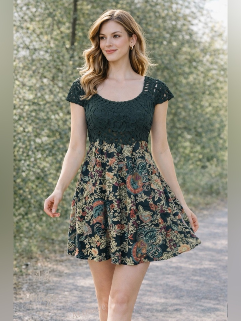 Vintage 90s Boho Openwork Bodice Folk Print Mini Dress XS